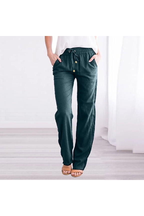 Womens Fall Tummy Control Pants with Pocket Elastic Mid Rise Wide Leg Pant Casual Loose Fit Cotton Linen Trousers Flowy Long Length Drawstring Slacks Army Green M