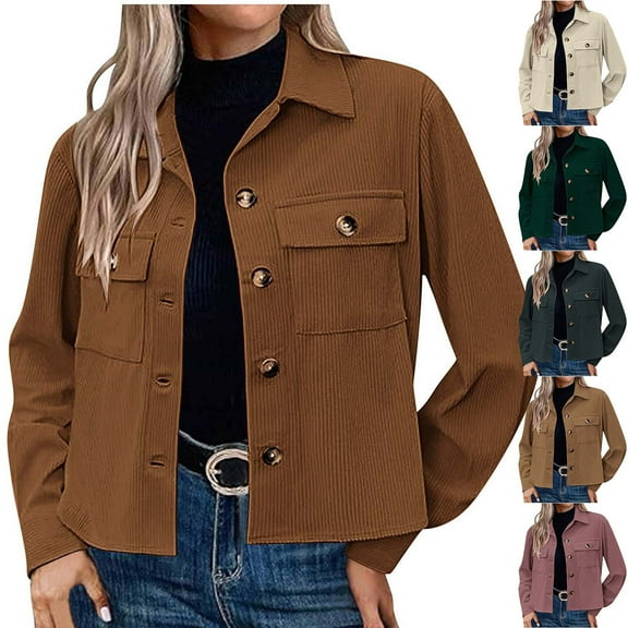 CFLVAEK Womens Fashion Cropped Corduroy Jackets Button Down Jacket Tops Fall Trendy Long Sleeve Coat Outwear with Pockets Yellow XL