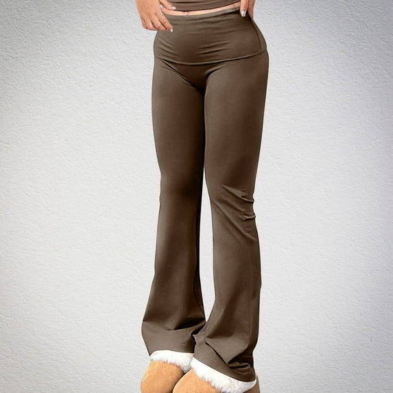 CFLVAEK Womens Flare Leggings Casual Low Rise Yoga Pants Fold Over Bell Bottom Sweatpants Comfy Solid Color Legging Summer Fall Workout Pant Brown S