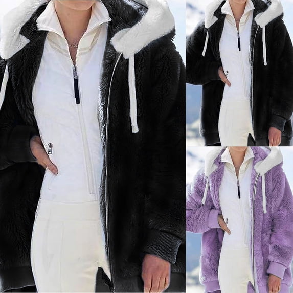 CFLVAEK Womens Fleece Jackets Oversized Sherpa Jacket with Hood Thick Warm Winter Zip Up Coat Solid Color Long Sleeve Outwear with Pockets Purple XL