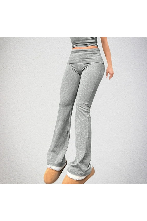 CFLVAEK Womens Fold Over Leggings Solid Color Flared Pants Comfy Low Waisted Sweatpants Y2k Wide Leg Pant Casual Fall Yoga Legging Gray M
