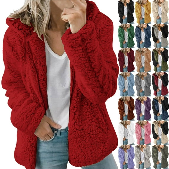 CFLVAEK Womens Fuzzy Jacket with Hood Casual Zip Up Fall Winter Teddy Fleece Jackets Cozy Thermal Long Sleeve Hoodies with Pockets White S