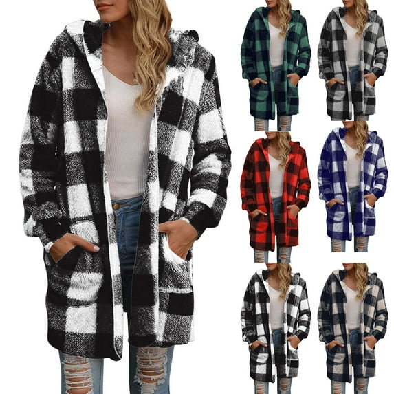 CFLVAEK Womens Fuzzy Jackets Warm Fall Winter Fleece Lined Shackets Trendy Plaid Graphic Coats Casual Long Sleeve Jacket with Pockets Red XXL