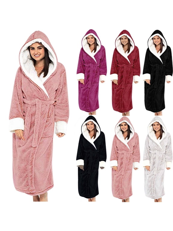 Womens Fuzzy Robes Full Length Fleece Robe with Hood Thermal Winter Long Sleeve Bathrobes with Belt Cozy Sleepwear for Fall Winter Black L