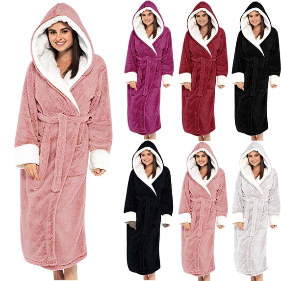 CFLVAEK Womens Fuzzy Robes Full Length Fleece Robe with Hood Thermal Winter Long Sleeve Bathrobes with Belt Cozy Sleepwear for Fall Winter Black M