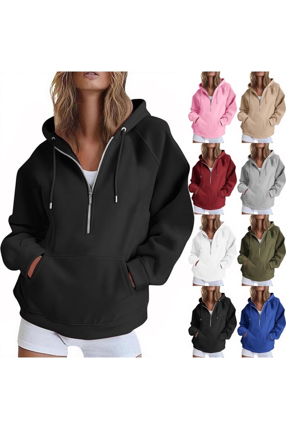 Womens Half Zip Hoodies 2025 Oversized Hoodie for Women Trendy Hooded Sweatshirts Fall Winter Zipper Y2k Jacket with Pockets Khaki M
