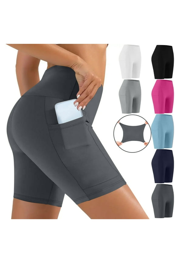 Womens High Waist Spandex Shorts for Yoga Athletic Bike with Pockets Comfy Tummy Control Butt Lift Biker Shorts Solid Color Summer Workout Bike Short White M