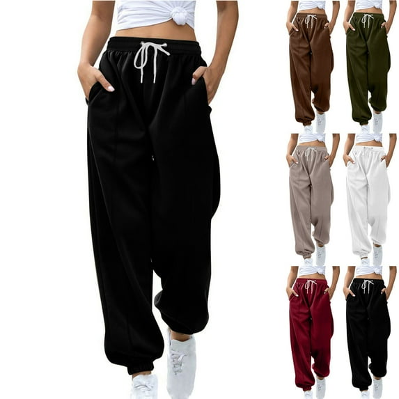 CFLVAEK Womens Joggers Pants Casual Drawstring High Waisted Sweatpants with Pockets Solid Color Cinch Botton Baggy Workout Sweat Pant 2025 White XL
