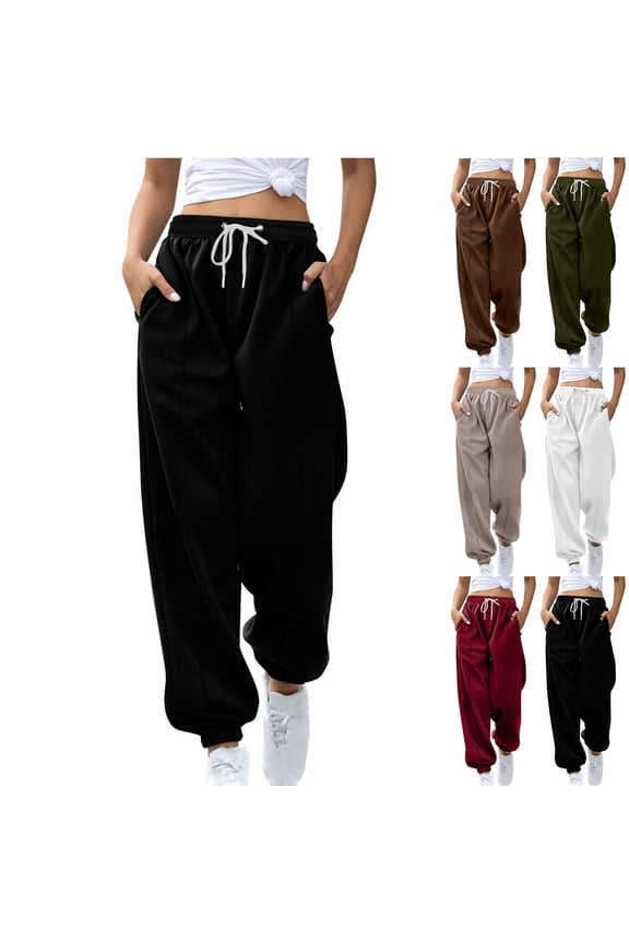 Womens Joggers Pants Casual Drawstring High Waisted Sweatpants with Pockets Solid Color Cinch Botton Baggy Workout Sweat Pant Wine M