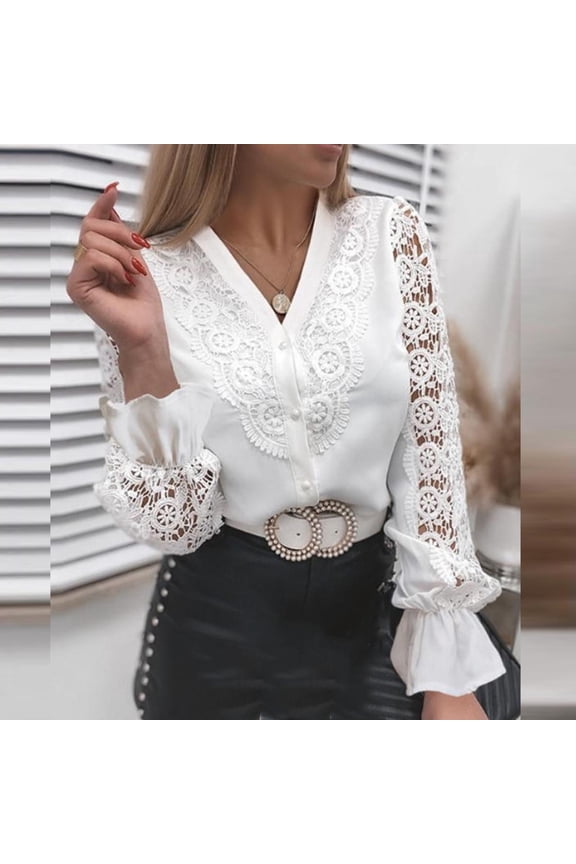 Womens Lace Long Sleeve Top White Elegant Button Down Turtleneck Blouse Dress Casual Lace Floral Print Tops Solid Color Office Business Blouses
