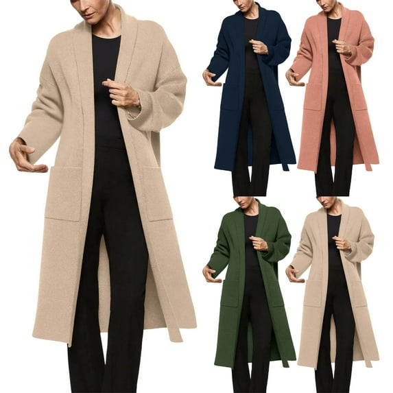 CFLVAEK Womens Long Cardigan Sweaters Plus Size Long Sleeve Knit Sweater Coat with Pockets Fall Winter Open Front Outwear Khaki L