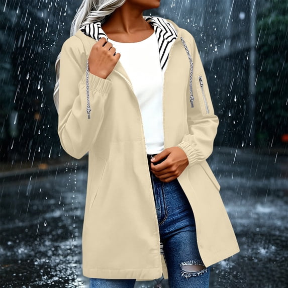 CFLVAEK Womens Long Rain Jacket Lightweight Waterproof Hooded Windbreaker Fall Outdoor Travel Hiking Rain Coat with Pockets Beige XL