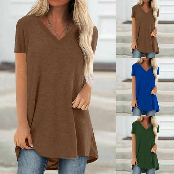 CFLVAEK Womens Long Tshirts Casual Short Sleeve Tshirt Loose Fitted V Neck Tunic Tops Solid Color Summer Going Out Pullover Tops 2025 Blue XXL