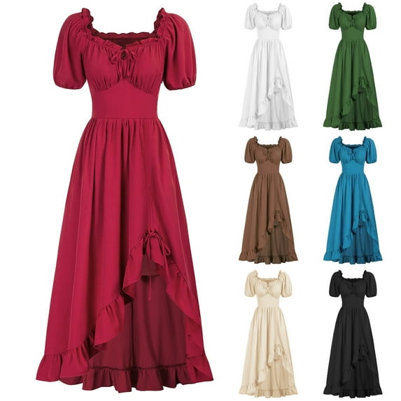 CFLVAEK Womens Medieval Renaissance Dresses Puff Sleeve Long Dress Vintage Bow Tie V Neck Evening Dress Solid Color High Low Gown Dress Blue S