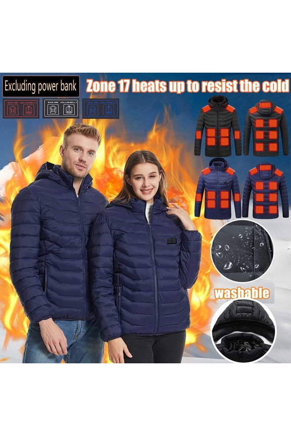 Womens and Mens Heated Jackets Plus Size USB Electric Heating Coat with 17 Heating Zones Thermal Winter Outdoor Coats with Detachable Hood Excluding Power Bank XXL