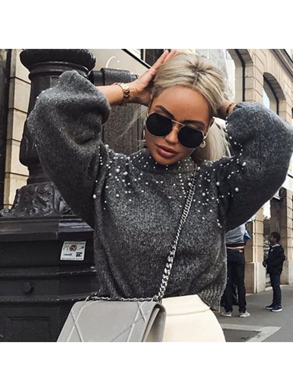 Womens Mock Neck Sweaters Fashion Studded Pearl Knit Pullover Tops Loose Fit Long Sleeve Sweaters Soft Fall Winter Jumper Sweater Dark Gray XL