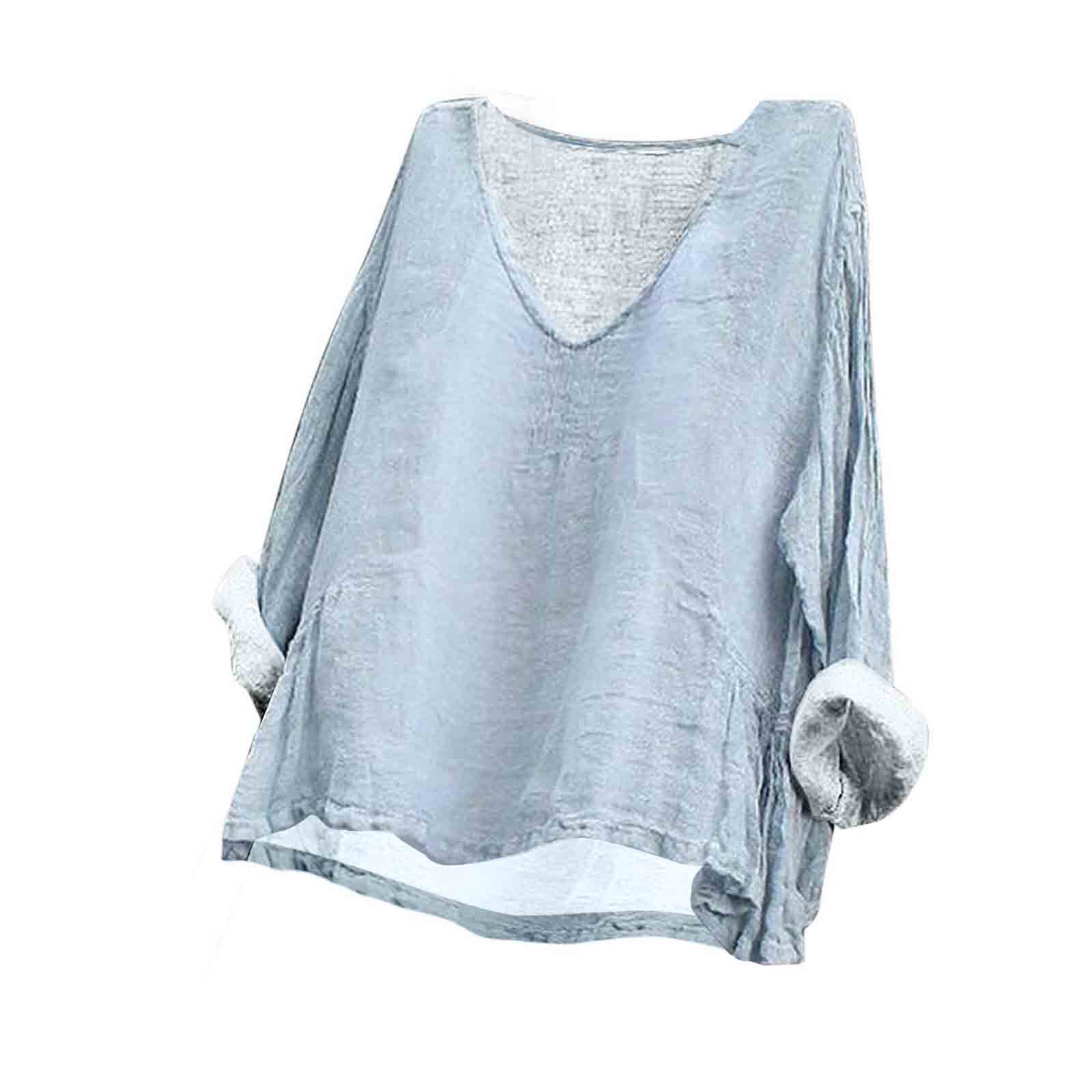 CFLVAEK Womens Oversized Linen Shirts Plus Size Solid Color Tees Shirt ...