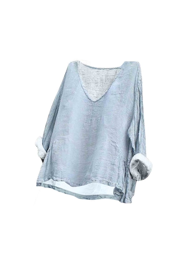 Womens Oversized Linen Shirts Plus Size Solid Color Tees Shirt Trendy Batwing Long Sleeve Blouses Boxy Summer Vacation Tops