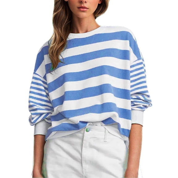 CFLVAEK Womens Oversized Striped Graphic T Shirts Flowy Long Sleeve Ladies Shirt Casual Fall Round Neck Misses Tops