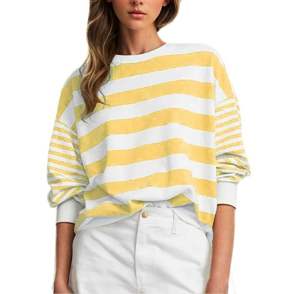 CFLVAEK Womens Oversized Striped Graphic T Shirts Flowy Long Sleeve Ladies Shirt Casual Fall Round Neck Misses Tops