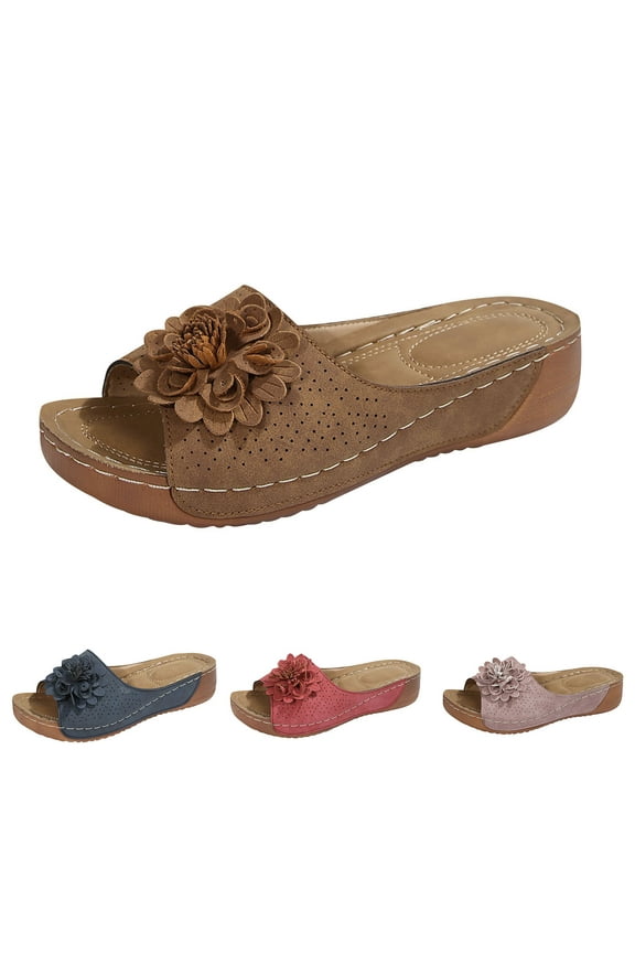 Womens Platform Sandals Cork Beach Slip On Wedges Breathable Flower Slides Open Toe Summer Beach Walking Shoes Soft Cushion Slide Sandals Size 9.5