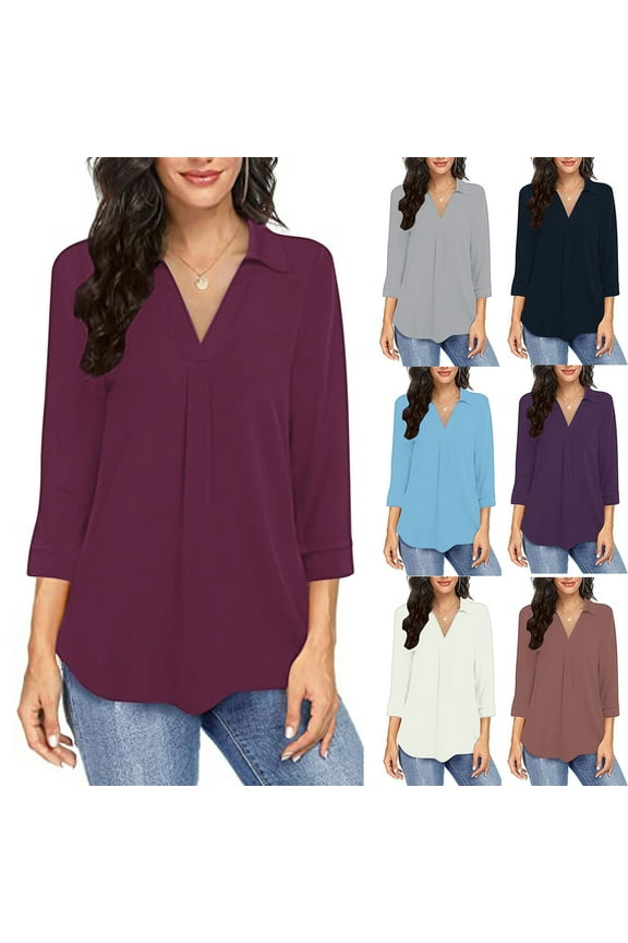 Womens Plus Size 3/4 Length Sleeve Blouses Dressy Casual V Neck Business Blouse Tops Solid Color Lapel Shirt Rose Gold XXL