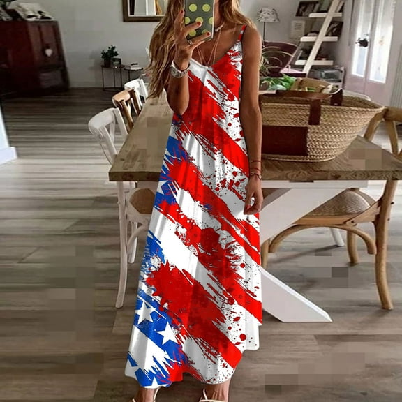 CFLVAEK Womens Plus Size 4th of July Dress Patriotic Red White and Blue Dress Loose Fit Spaghetti V Neck Sundress Summer Vacation Sleeveless Dress XXXL