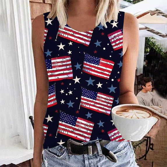 CFLVAEK Womens Plus Size 4th of july Tank Tops Casual Sleeveless Crewneck Tank Top American Flag Patriotic Shirts Independence Day Tanks S