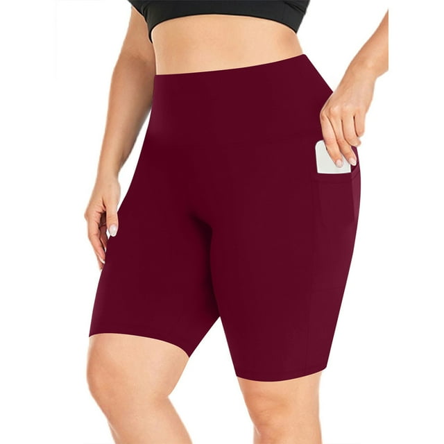 CFLVAEK Womens Plus Size Biker Shorts with Side Pockets Comfy Stretch Quick Dry Workout Shorts Summer Solid Color High Waist Bike Short 2025 （Wine XXXXXL）
