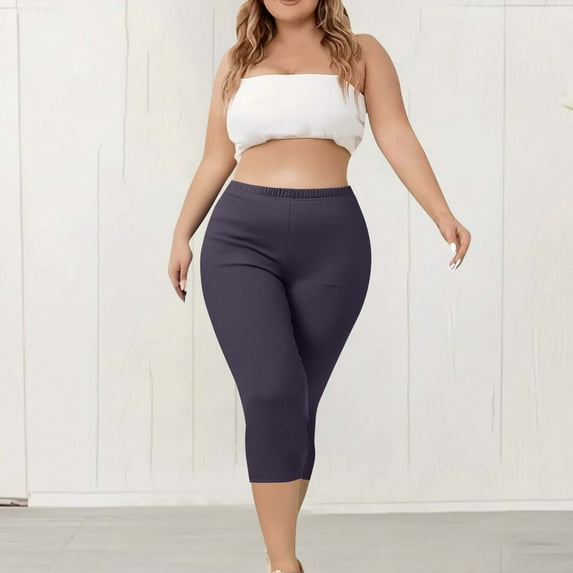 CFLVAEK Womens Plus Size Capri Leggings Lightweight Soft Stretch Cropped Legging High Waisted Workout Capris Pants Solid Color Summer Vacation Crop Pants 2025 Purple L