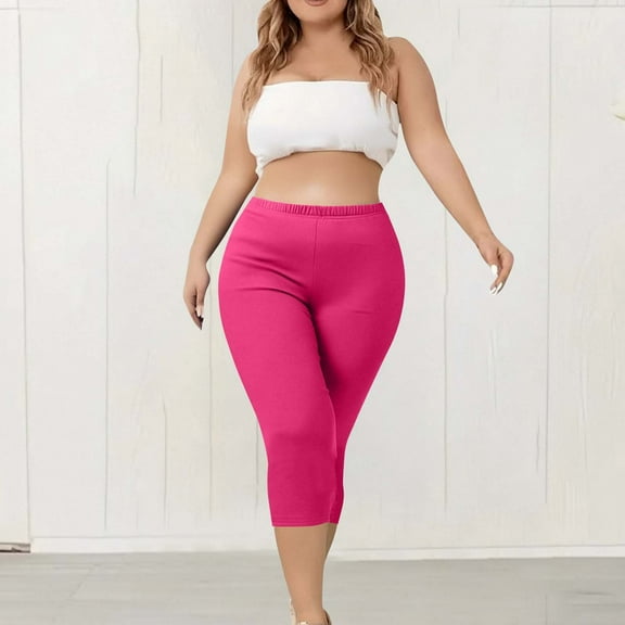 CFLVAEK Womens Plus Size Capri Leggings Lightweight Soft Stretch Cropped Legging High Waisted Workout Capris Pants Solid Color Summer Vacation Crop Pants Hot Pink XXL