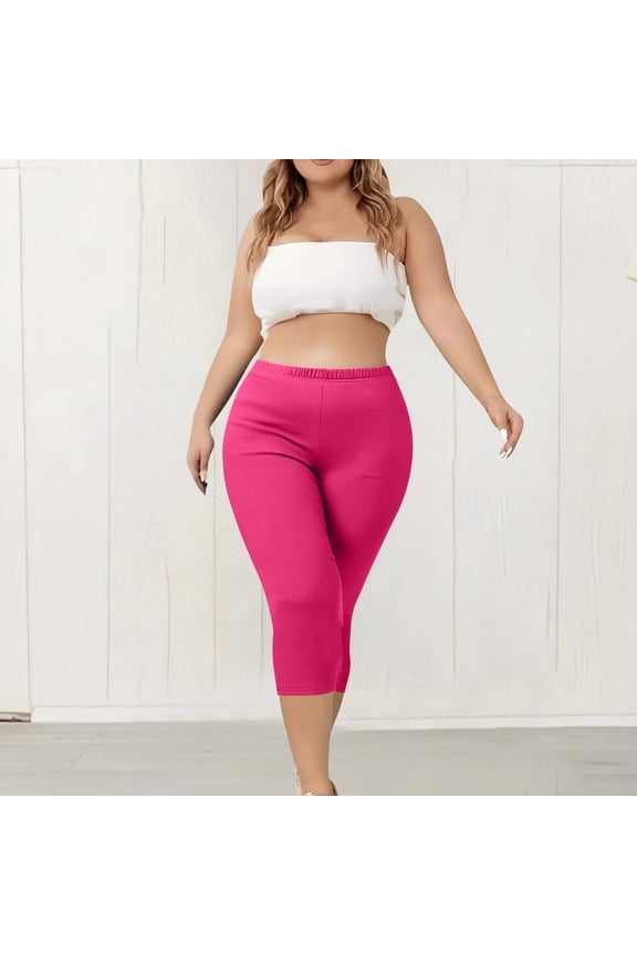 Womens Plus Size Capri Leggings Lightweight Soft Stretch Cropped Legging High Waisted Workout Capris Pants Solid Color Summer Vacation Crop Pants Hot Pink S