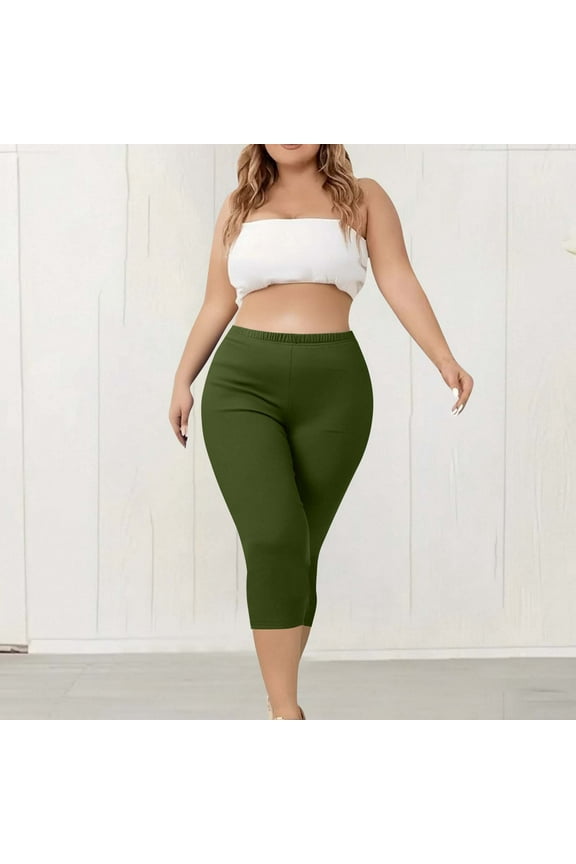Womens Plus Size Capri Leggings Lightweight Soft Stretch Cropped Legging High Waisted Workout Capris Pants Solid Color Summer Vacation Crop Pants Army Green XXXXXL