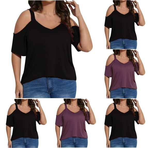 CFLVAEK Womens Plus Size Cold Shoulder Shirts Summer Casual V Neck Blouses Loose Fitted Short Sleeve Shirt Solid Color Going Out Tops Black XXL