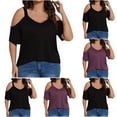 thumbnail image 1 of CFLVAEK Womens Plus Size Cold Shoulder Shirts Summer Casual V Neck Blouses Loose Fitted Short Sleeve Shirt Solid Color Going Out Tops Purple XXXL, 1 of 10
