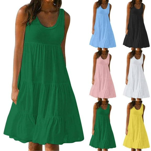 CFLVAEK Womens Plus Size Dresses Loose Fit Sleeveless Tank Dress Summer Casual Scoop Neck Tiered Midi Dress Solid Color Beach Vacation Sundress Black XXXXL