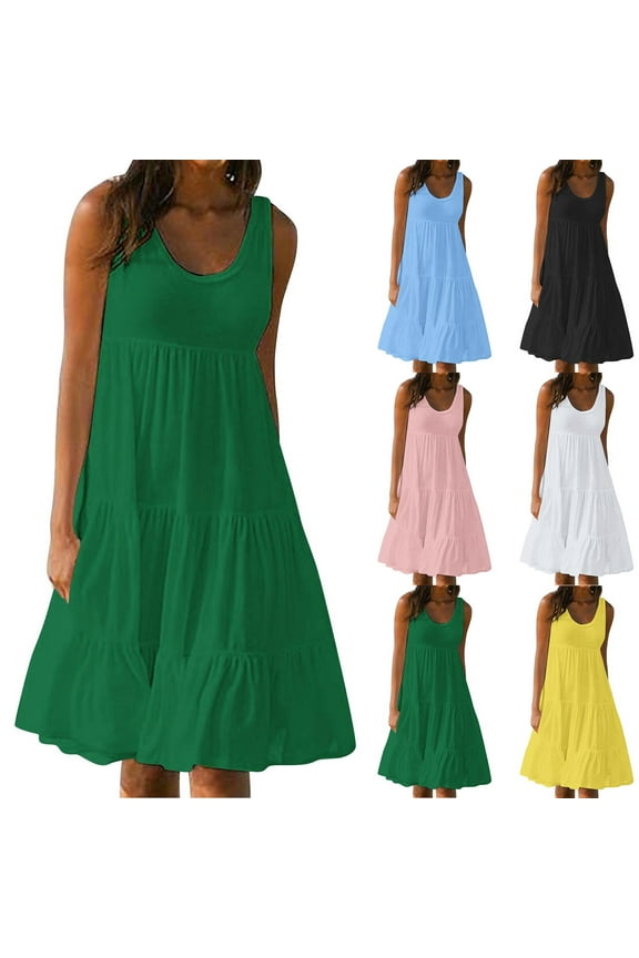 Womens Plus Size Dresses Loose Fit Sleeveless Tank Dress Summer Casual Scoop Neck Tiered Midi Dress Solid Color Beach Vacation Sundress Hot Pink M