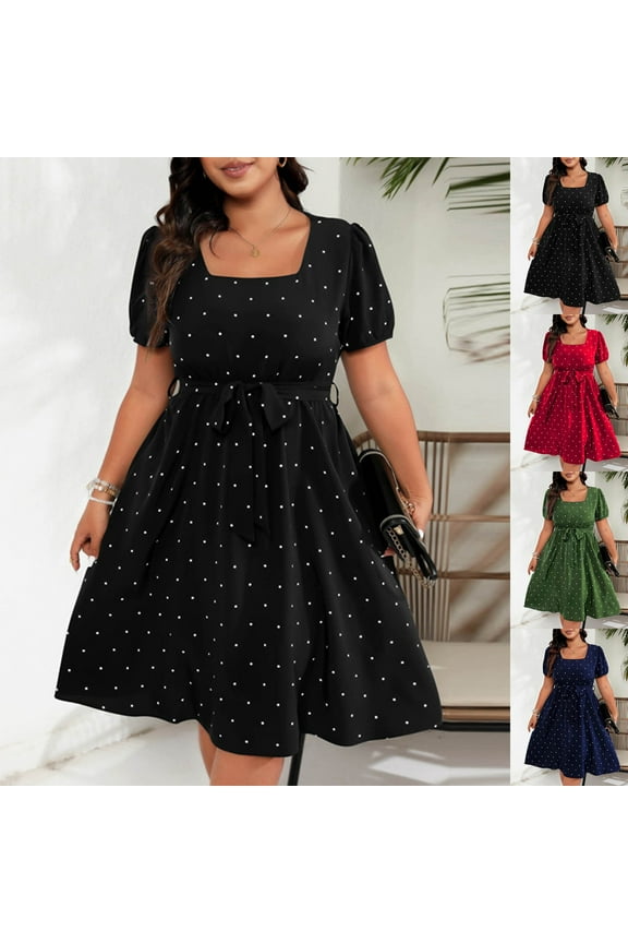 Womens Plus Size Dresses Trendy Polka Dot Print Blouson Dress with Belt Loose Fit Puff Short Sleeve Dress Square Neck Midi Dress Green XL