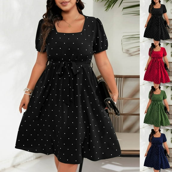 CFLVAEK Womens Plus Size Dresses Trendy Polka Dot Print Blouson Dress with Belt Loose Fit Puff Short Sleeve Dress Square Neck Midi Dress Red XL