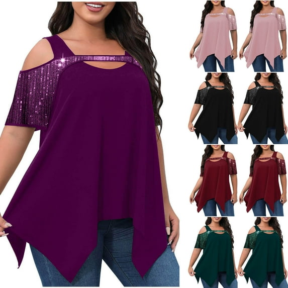 CFLVAEK Womens Plus Size Party Club Shirts Fashion Sequin Short Sleeve Blouses Elegant Cold Shoulder Irregular Hem Shirt Cocktail Party Blouse 2025 Black XXXXXXL