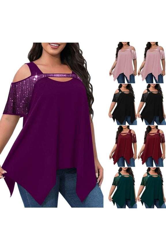 Womens Plus Size Party Club Shirts Fashion Sequin Short Sleeve Blouses Elegant Cold Shoulder Irregular Hem Shirt Cocktail Party Blouse Black XXXL