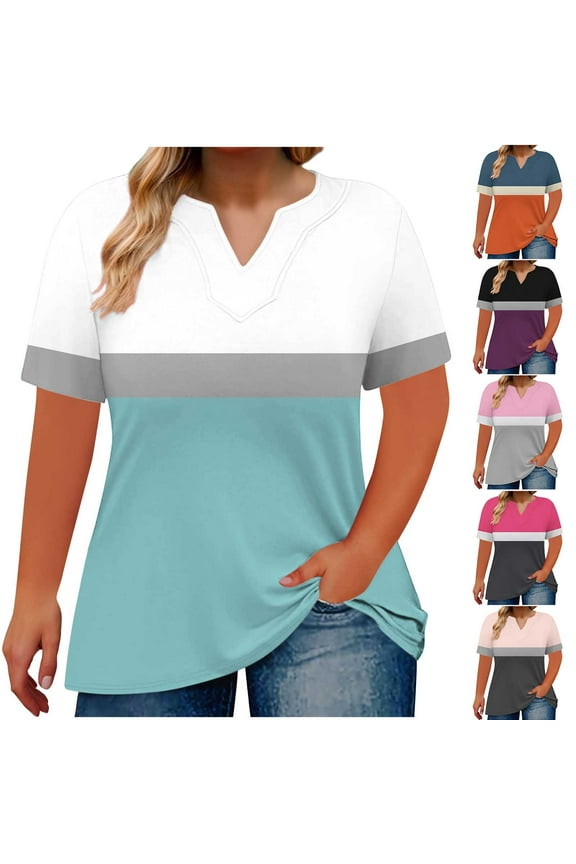 Womens Plus Size T Shirts Loose Fit V Neck T Shirt Casual Summer Short Sleeve Tshirt Fashion Clolor Block Graphic Tees Gray L