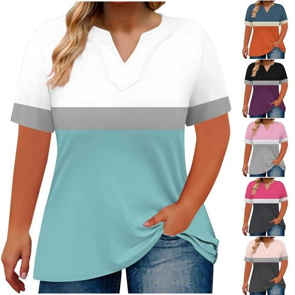CFLVAEK Womens Plus Size T Shirts Loose Fit V Neck T Shirt Casual Summer Short Sleeve Tshirt Fashion Clolor Block Graphic Tees Orange XXL