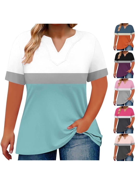 Womens Plus Size T Shirts Loose Fit V Neck T Shirt Casual Summer Short Sleeve Tshirt Fashion Clolor Block Graphic Tees Orange XXXL