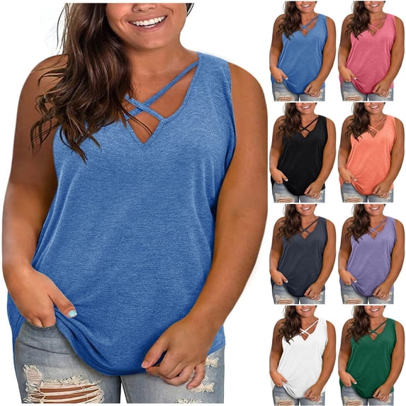 CFLVAEK Womens Plus Size Tank Tops Loose Fit Criss Cross V Neck Shirts Casual Sleeveless Summer Shirt Solid Color Going Out Tank Top White XXXL