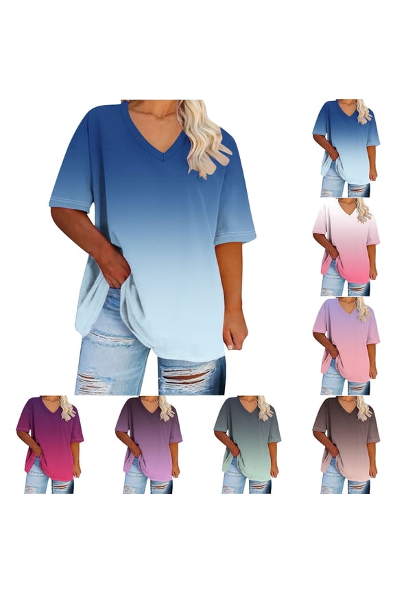 Womens Plus Size Tops Loose Fit V Neck T Shirts Comfy Short Sleeve Tshirt Fashion Gradient Graphic Tees Summer Vacation Going Out Tops Blue XXXXXL