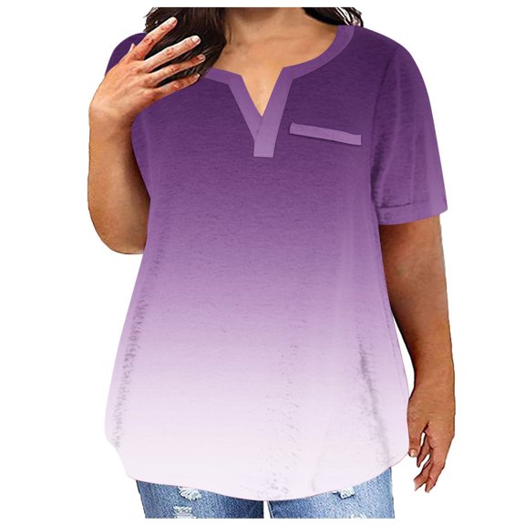 CFLVAEK Womens Plus Size Tops Loose Fitted Notch V Neck Tshirts Fashion Gradient Graphic Tees Casual Short Sleeve Tshirt Summer Going Out Tops Purple XXXL