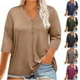 thumbnail image 1 of CFLVAEK Womens Plus Size Tshirts Comfy Button Up Tshirt Loose Fitting 3/4 Sleeve Summer Tunic Shirts Solid Color Basic Tees 2025 Khaki XXXXL, 1 of 8