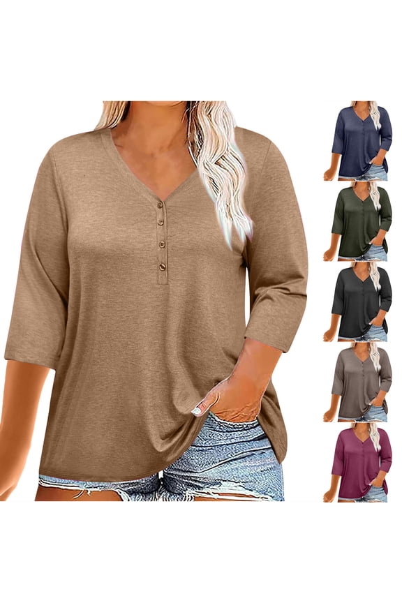 Womens Plus Size Tshirts Comfy Button Up Tshirt Loose Fitting 3/4 Sleeve Summer Tunic Shirts Solid Color Basic Tees 2025 Khaki XXXXL