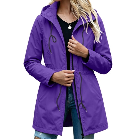 CFLVAEK Womens Rain Jackets Plus Size Outdoor Hiking Long Hooded Trench Coat Lightweight Waterproof Drawstring Waisted Windbreaker Purple XXL